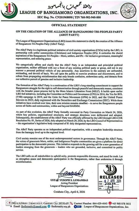 TINGNAN| Partido na Alliance of Bangsamoro Tri-Peoples Party (ABoT), Itinatag ng Civil Society Groups